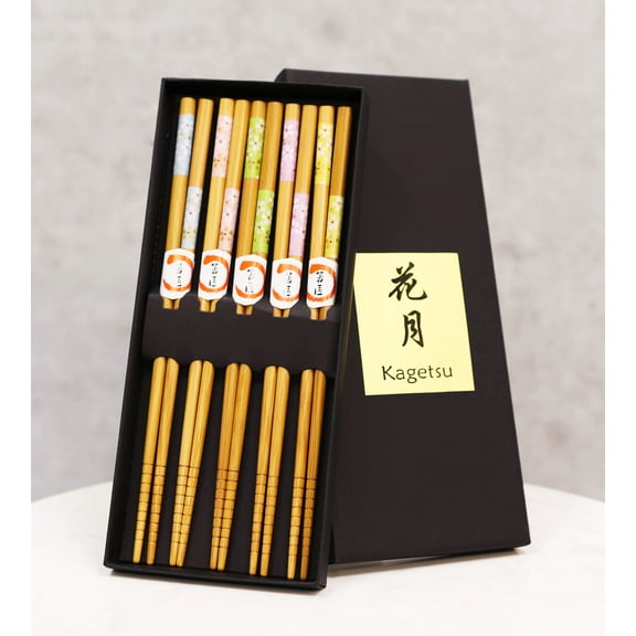 Reusable Bamboo Colorful Cherry Blossoms Set of 5 Ridged Chopsticks Pairs In Box