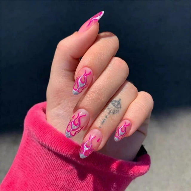Coffin False Nail Tips Press on Nails 24 PCS Pointed Tip Flame Design Long Full Cover Manicure Nail Extention New
