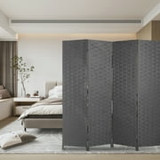 XF XINFENG 4-Panel Foldable Wooden Woven Room Divider, Home/Office, 6 ft, Gray