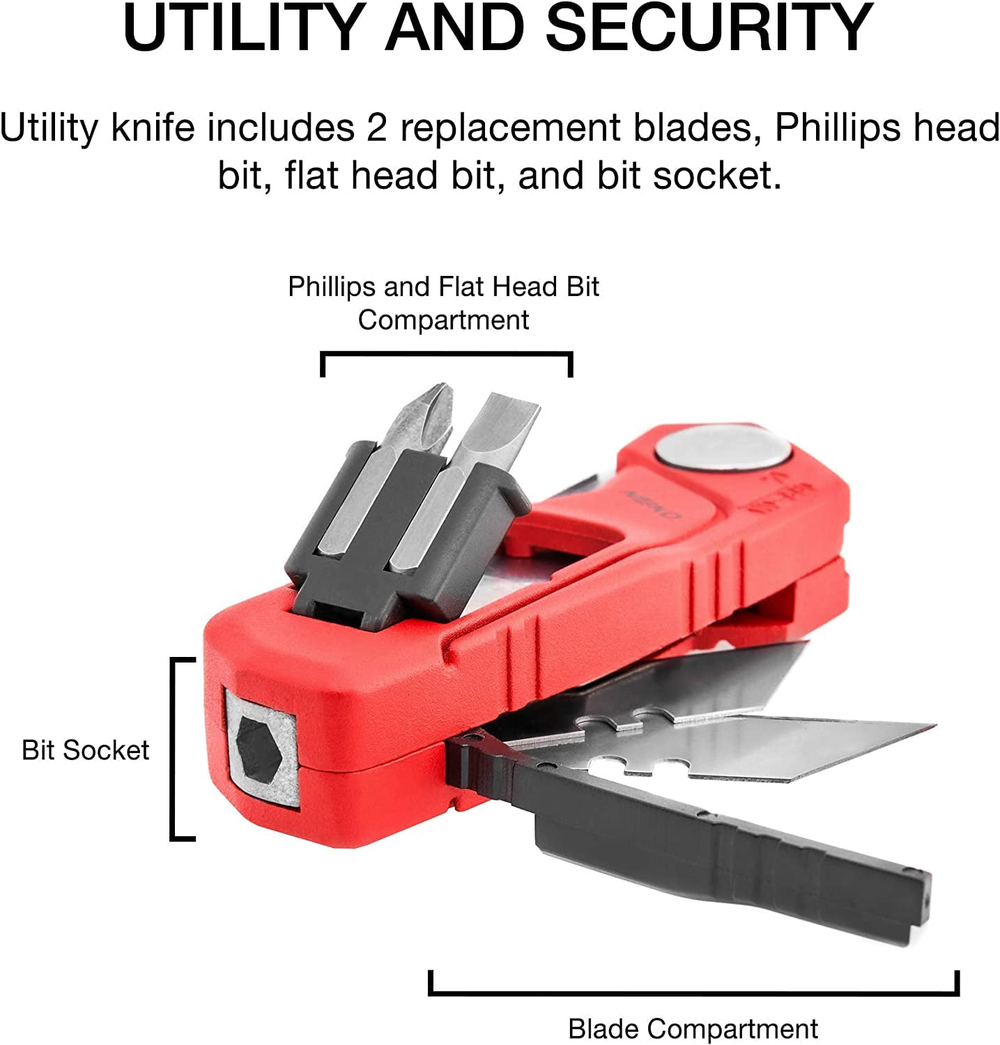 00678A 4-In-1 Folding Utility Knife Box Cutter Knives & Wire Stripper, Tool Hex Bit Holder Utility Work Knife & Bit Storage, Carpet Knife, Heavy Duty Box Cutter, Great work knife for men & women