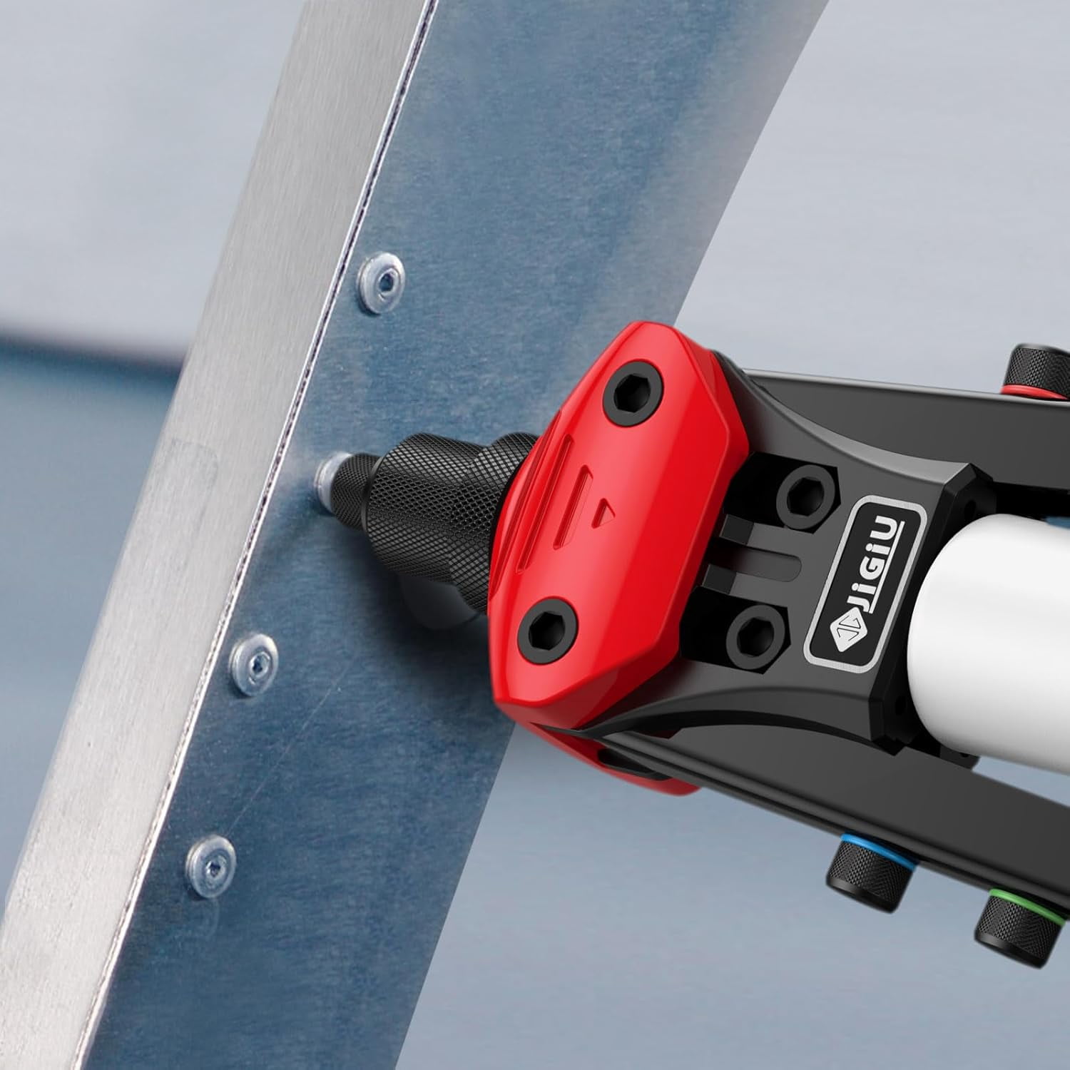 JiGiU 13.3" Heavy Duty Manual Rivet Gun - Professional Pop Rivet Tool with 5 Interchangeable Nozzles (2.4mm/3.2mm/4.0mm/4.8mm/6.4mm) & 200 Rivets for Metal Furniture, Car, Trailer