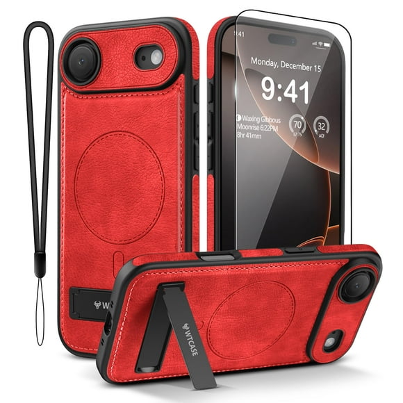 Funda de piel magnética WTCASE con soporte para iPhone Air, color rojo