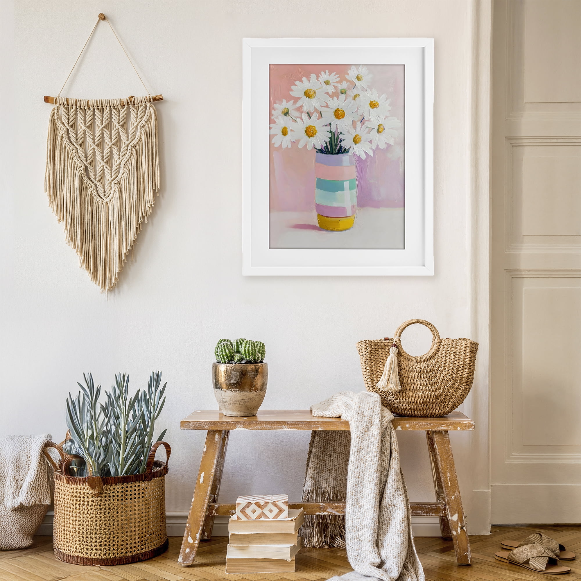 Stupell Industries Daisies in Striped Vase White Framed Print Under Glass, design by The Prints Vibe
