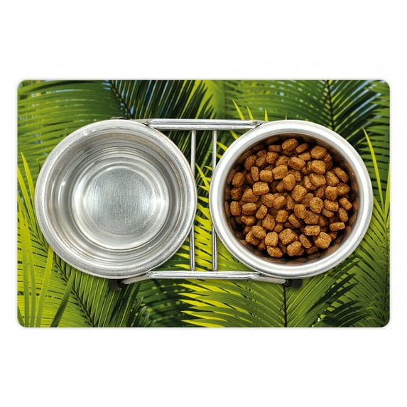 Nature Pet Mat for Food and Water, Tropical Foliage Pattern with Exotic Leaves Palm Tree Photography Hawaii Greens, Non-Slip Rubber Mat for Dogs and Cats, 18" X 12", by Ambesonne