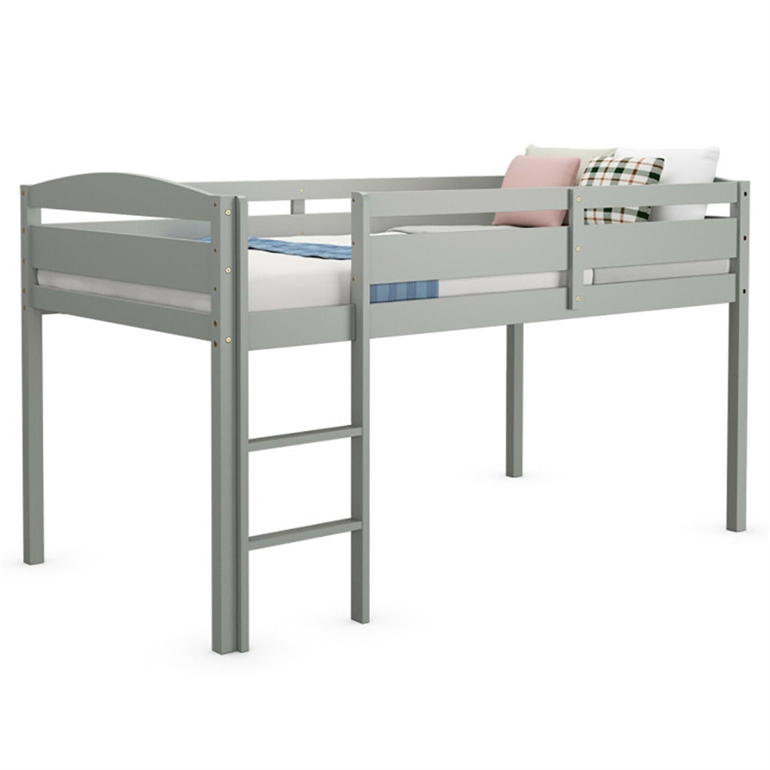 Demi Bonn Loft Bed Twin Size, Solid Wood Low Loft Bed with Guard Rail and Ladder, Modern Wooden Loft Bunk Bed Frame, Gray