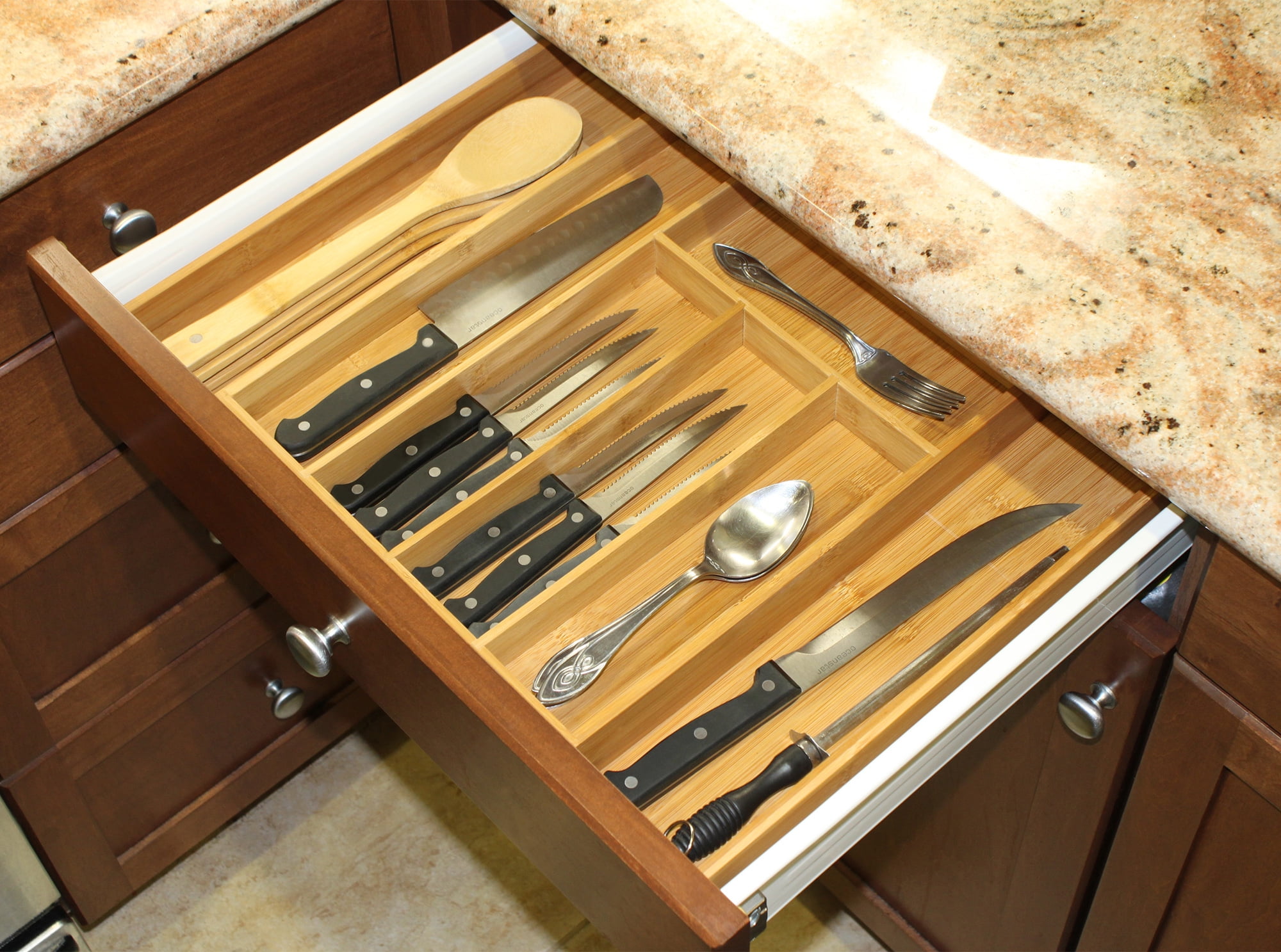 Oceanstar 5 Piece Bamboo Expandable Drawer Utensil Organizer Set, 18 L x 12.75 W x 2 H inches, Natural Color