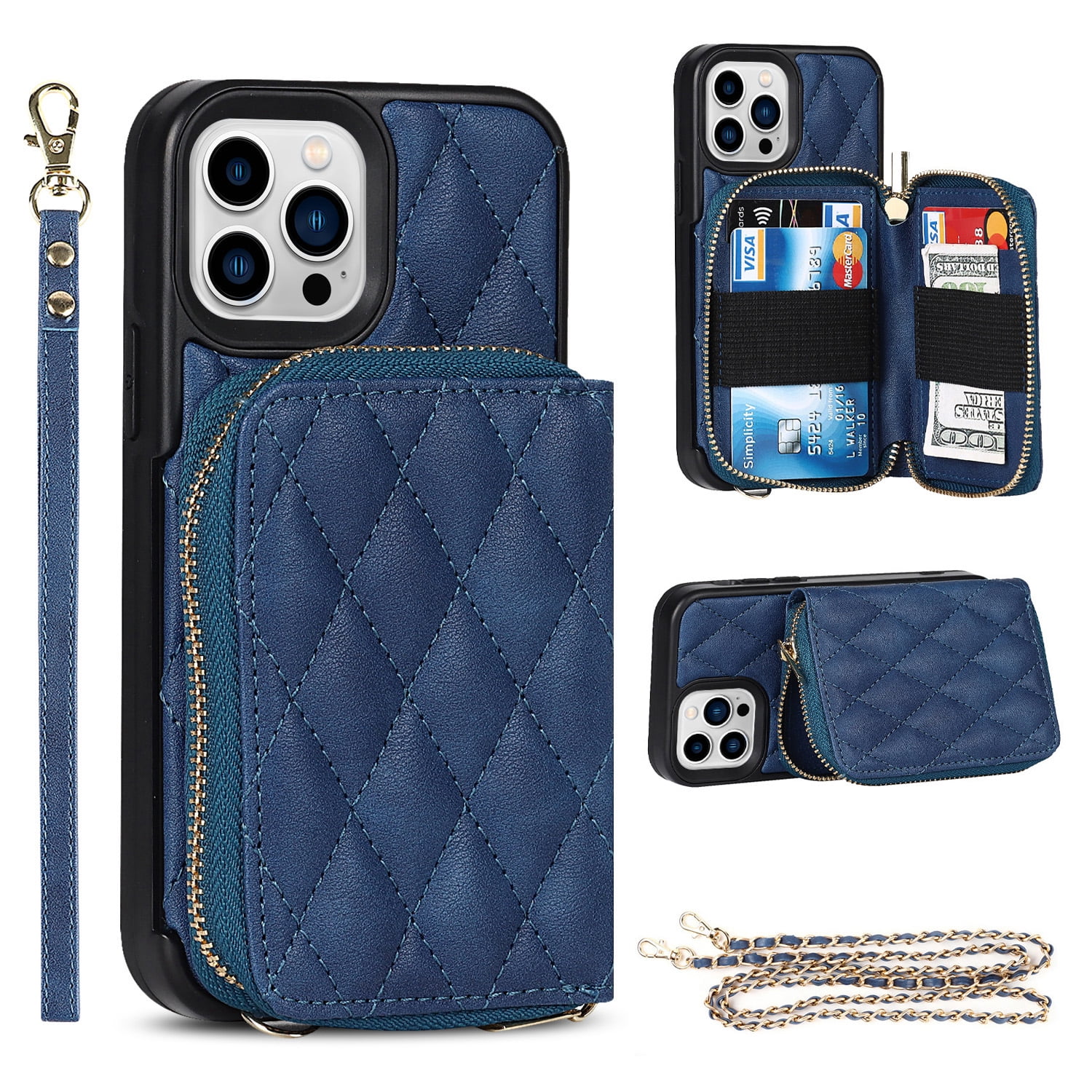 for iPhone 13 Pro Max Wallet Case Crossbody Strap, Zipper Phone Case with  Card Holder Wrist Strap Purse Cover with Kickstand Compatible with iPhone  13