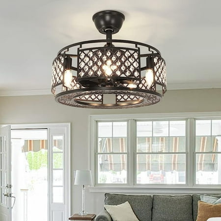

Depuley Crystal Chandelier Ceiling Fan with Lights and Remote Industrial Matte Black Metal Caged Ceiling Fan Light Fixture for Living room Bedroom Dining Hallway 3 Speeds E12 Socket