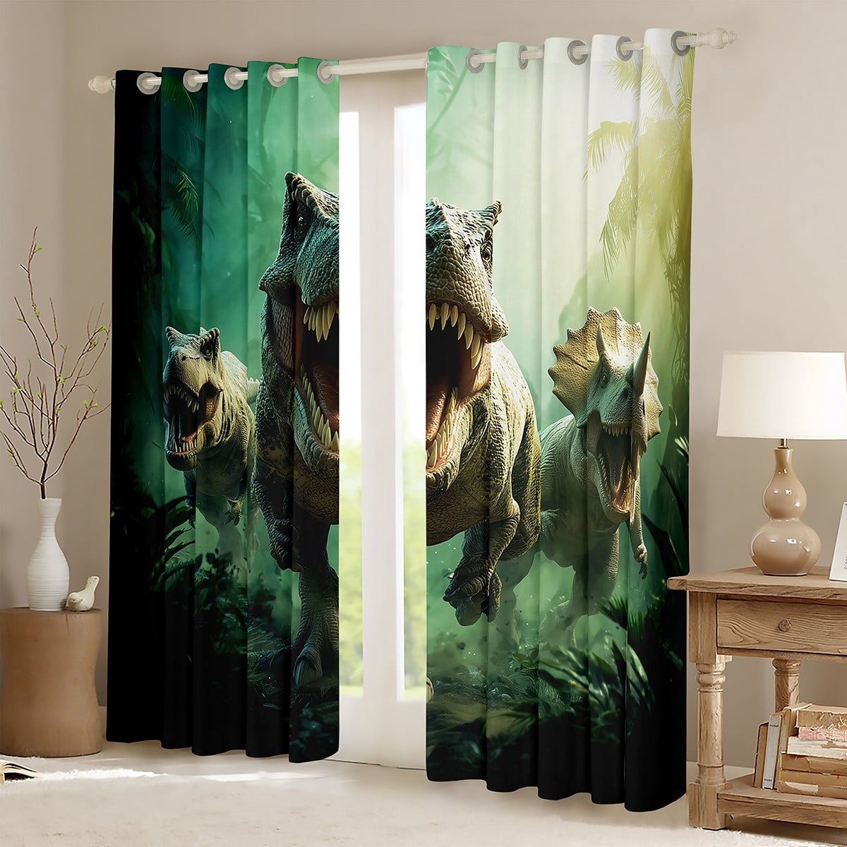 Manfei Boys Dinosaur Black Out Curtains, Dino Theme Curtains Pack of 2 (42x63 Each), Jungle Wildlife Bedroom Curtains, Luxurious Room Decor