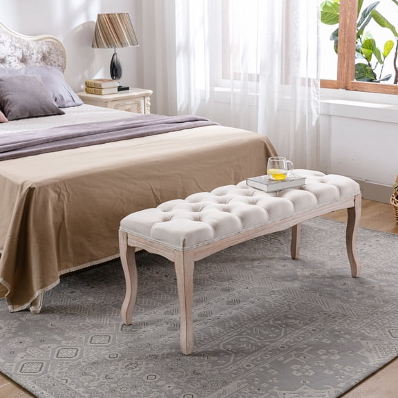 French Vintage Tufted Bedroom Bench with Carved Wood Legs, 43.3-Inch Linen Upholstered Entryway Ottoman for Living Room, Beige