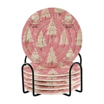 6 Pcs Drink Coasters with Holder 3.94in Woven Coasters for Drinks Pink Santa Claus Pattern Coaster Set for Protection Table