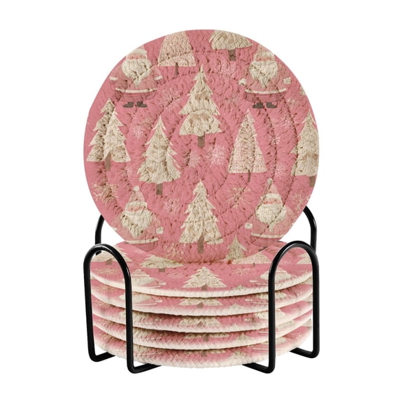 6 Pcs Drink Coasters with Holder 3.94in Woven Coasters for Drinks Pink Santa Claus Pattern Coaster Set for Protection Table