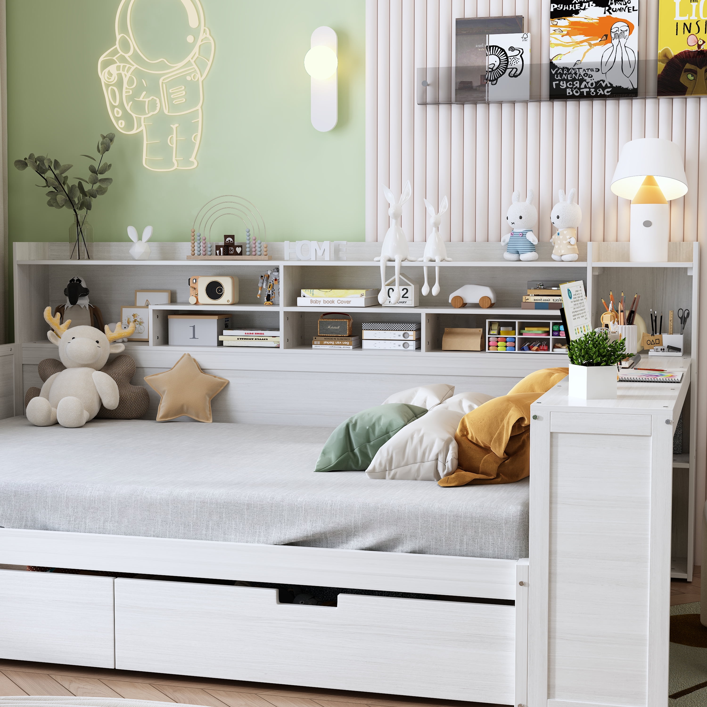 Euroco Wood Twin Size Daybed with Bookcase and Desk, Functional Shelves and 2 Drawers, White