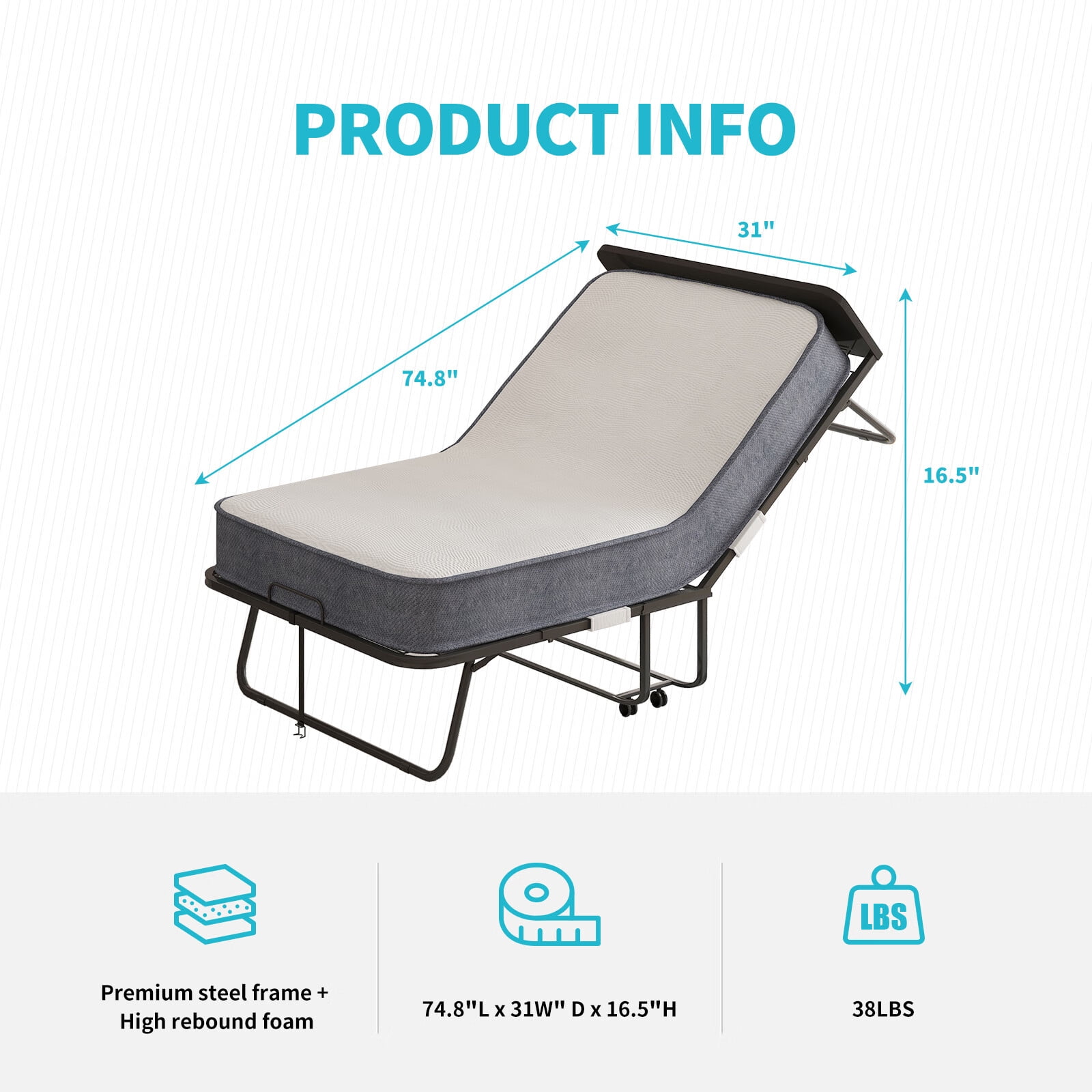 CECER Folding Bed w/ 5" Memory Foam Mattress & Headboard, 75"×31" Twin Size Rollaway Bed , Metal Frame for 350 Pound Adult, Guest Bed Dust Cover Included