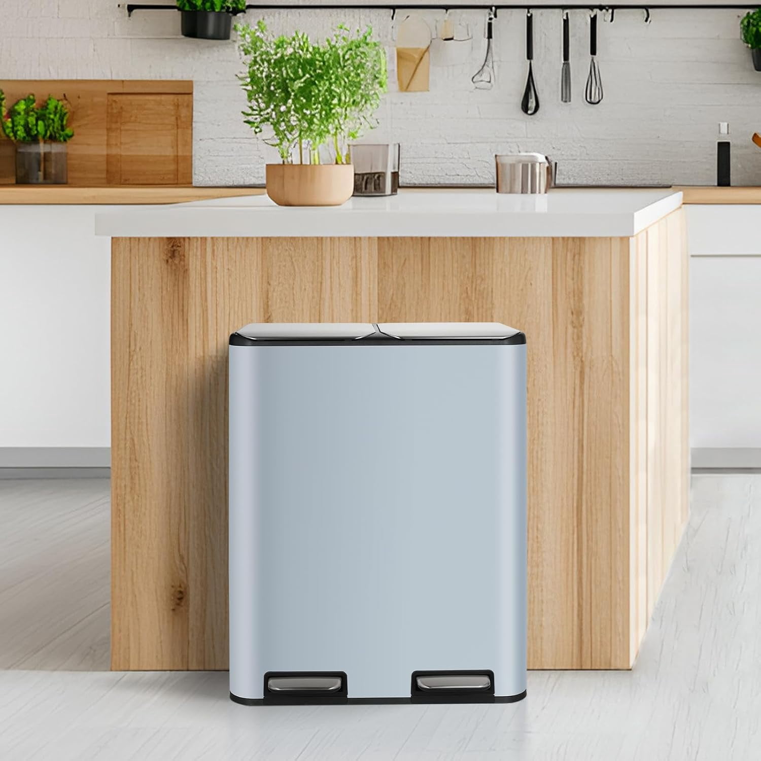 LAZY BUDDY 16 Gallon Kitchen Trash Can with Dual Compartments, Stainless Steel Recycling Step Trash Can with Soft-Close Lid, for Home Office