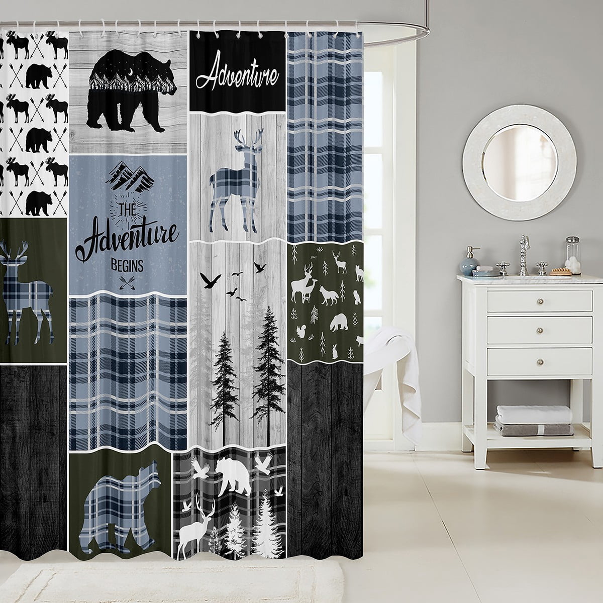 Rustic Cabin Shower Curtain Bedroom, Bear Deer Bath Curtain , Hunting Wild Animal Waterproof Bathroom Curtains 72" W X 78" L, Rustic Farmhouse Buffalo Bathtub Shower Curtain