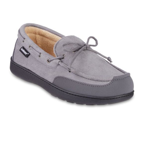 isotoner Carter Boater Men's Water Repellent Microsuede Memory Foam Moccasin Slippers Color: Ash Size: MEDIUM