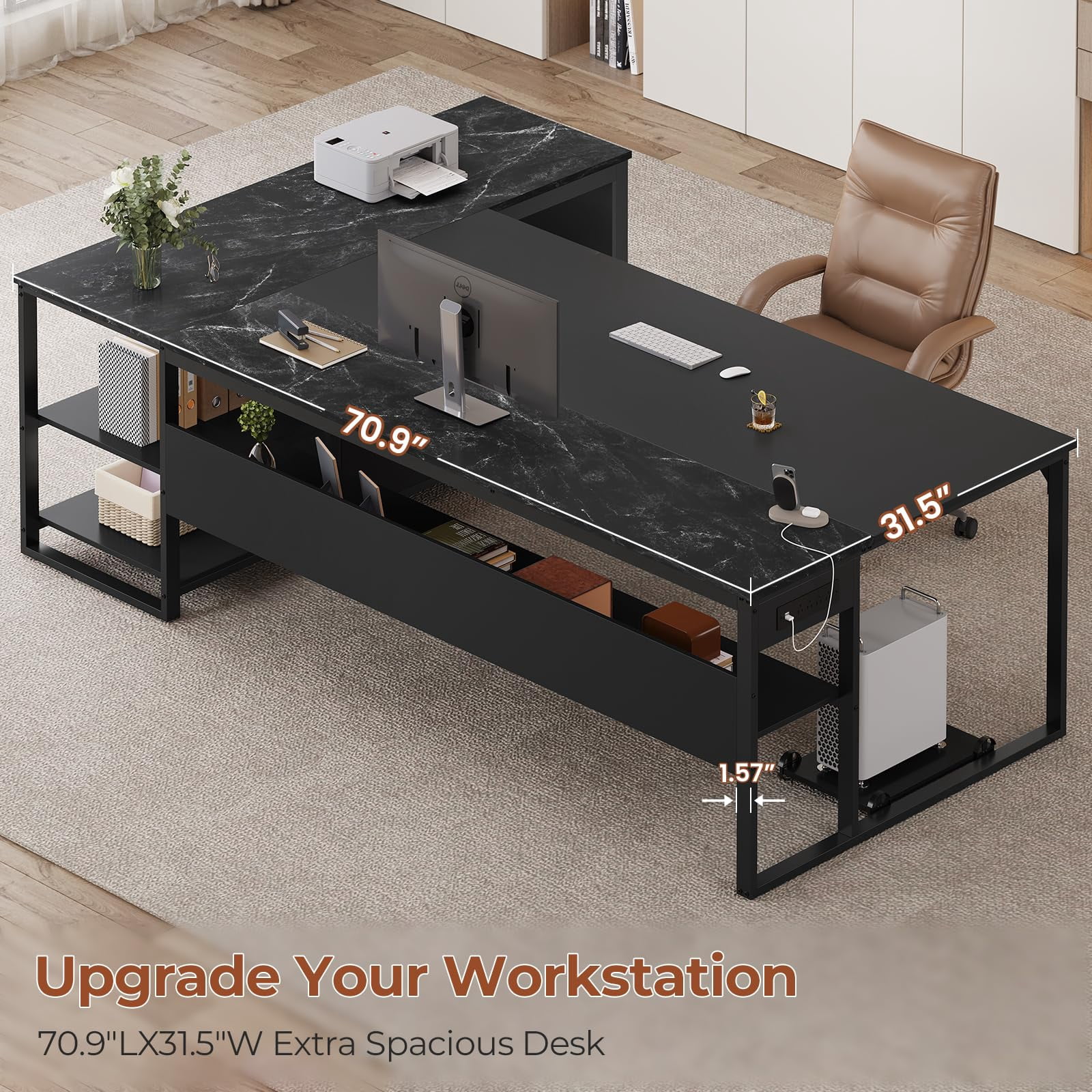 71" L Shaped Executive Desk, Reversible Home Office Desk with Widen File Drawers & Power Outlets, Computer Desk Corner Desk with Open Shelves, CPU Stand, Hooks (Black)