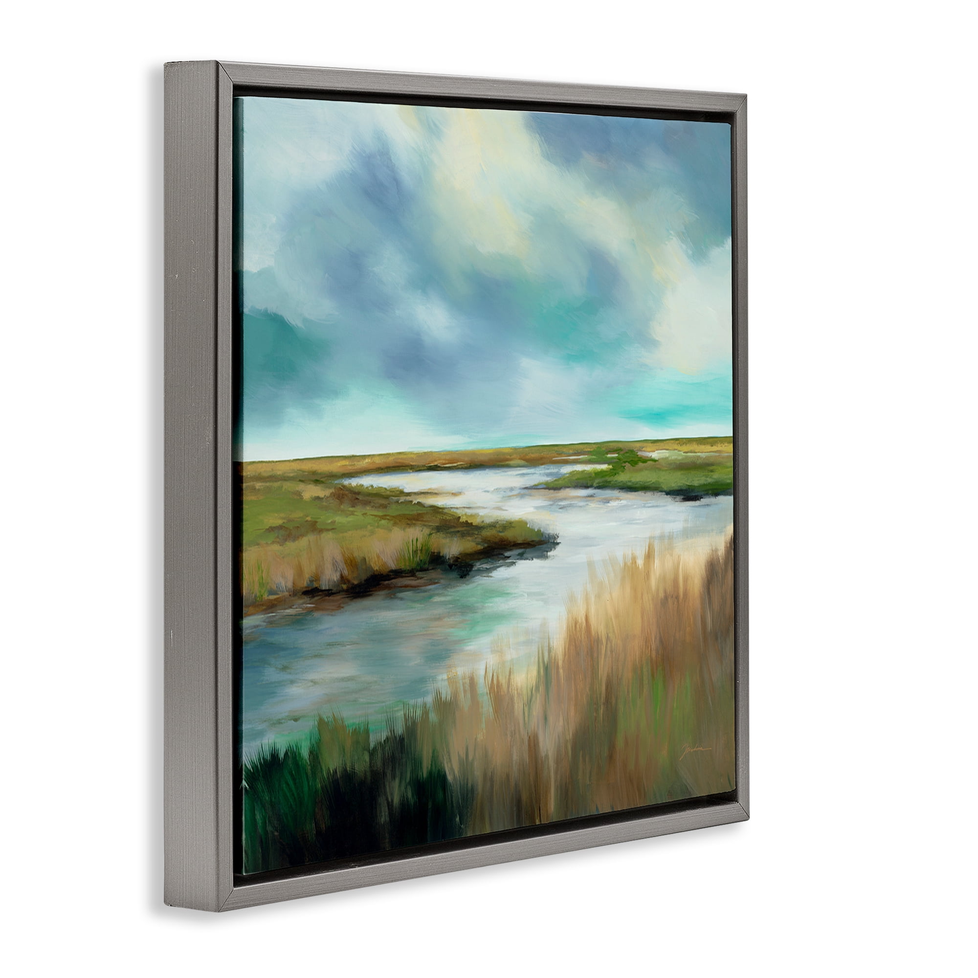 Stupell Industries Tranquil Meadow and Wetlands Gray Framed Floater Canvas Wall Art, design by Liz Jardine