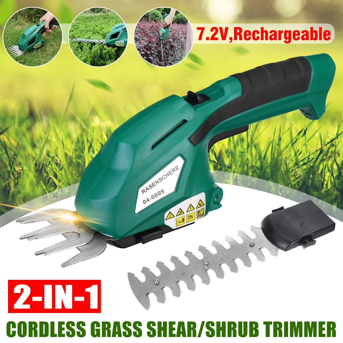 2-In-1 Cordless Grass Shear Hedger 7.2 V Green Long-Life Rechargeable 4 Inch 