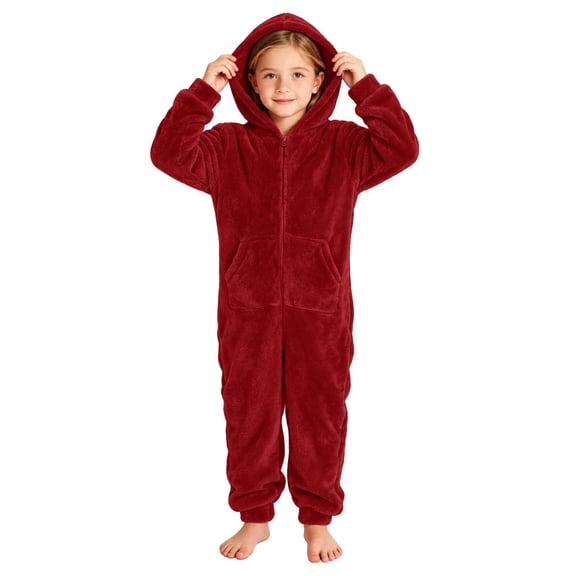 OGLCCG Girls Fleece Zip Up Jumpsuits Kids Fuzzy Onesie Warm Hooded Rompers with Pockets Cute Winter Clothes(Red,7-8 Years)