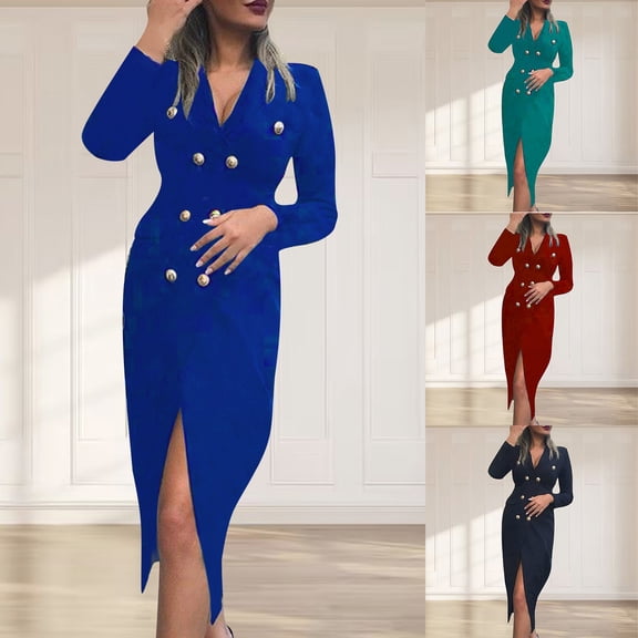 YHAJDS Women's Casual Dress,Women Midi Dresses V Neck Long Sleeve Solid Color Double Breasted Blazer Dress Business Casual Work Wear Elegant Waist Defined Dress