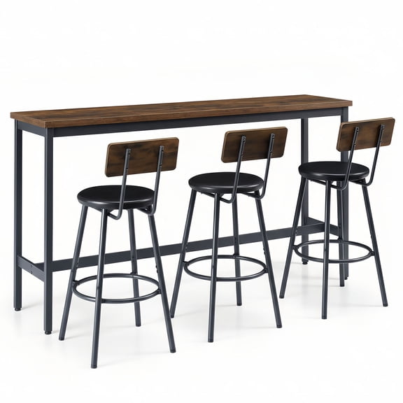 S-HOME Industrial Bar Table Set with 3 PU Upholstered Stools in Rustic Brown, Small Space Dining Solution