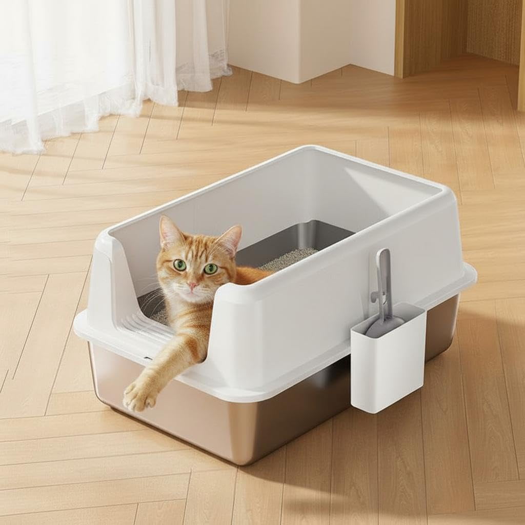 Acekid Stainless Steel Cat Litter Box Large Enclosed with Lid & Scoop, High Sided, White