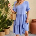 thumbnail image 6 of RYDCOT Summer Casual Dresses for Women 2024 Short Sleeve V-Neck Jacquard Waistband Dress Ladies Dresses for Church Women's Clothing Blue, 6 of 9