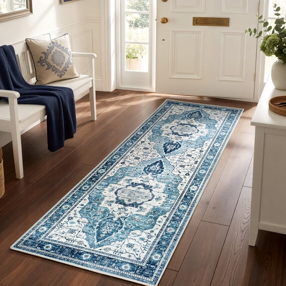 WANLISELL 2'x6' Hallway Runner Rug, Non Slip Washable Boho Kitchen Rugs, Distressed Soft Floor Carpet for Entryway, Bedroom, Laundry Room, Blue
