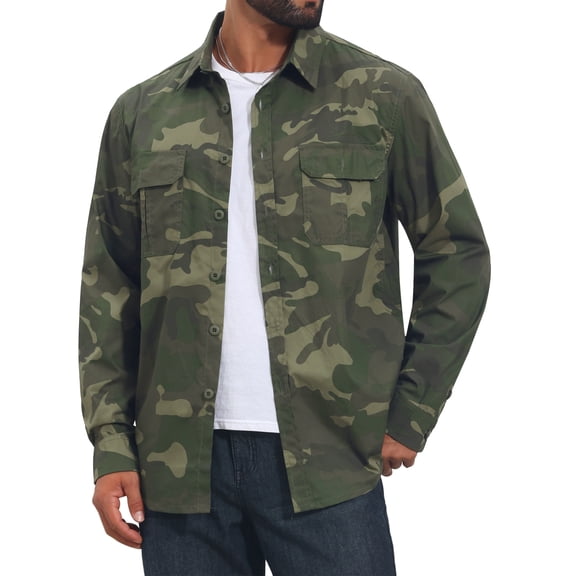 INSPIRE CHIC Men's Camouflage Shirt Long Sleeve Button Down Lightweight Outdoor Safari Shirts M Olive Green