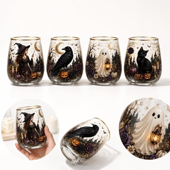 Halloween Stemless Egg Clear Glass Cups, Witch Ghost Crow Cat Haunted House Pumpkin Floral Gold Rim Drinking Tumblers for Fall Party Table Decor Holiday Gift
