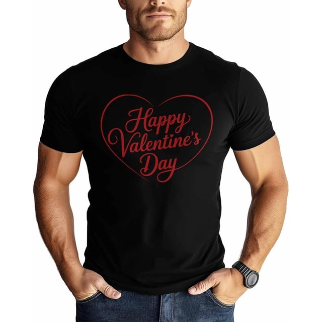 T-Shirts for Men, Happy Valentine's Day Crew Neck Cotton T-Shirt Men's Short Sleeve Romantic Red Love Heart Stripe