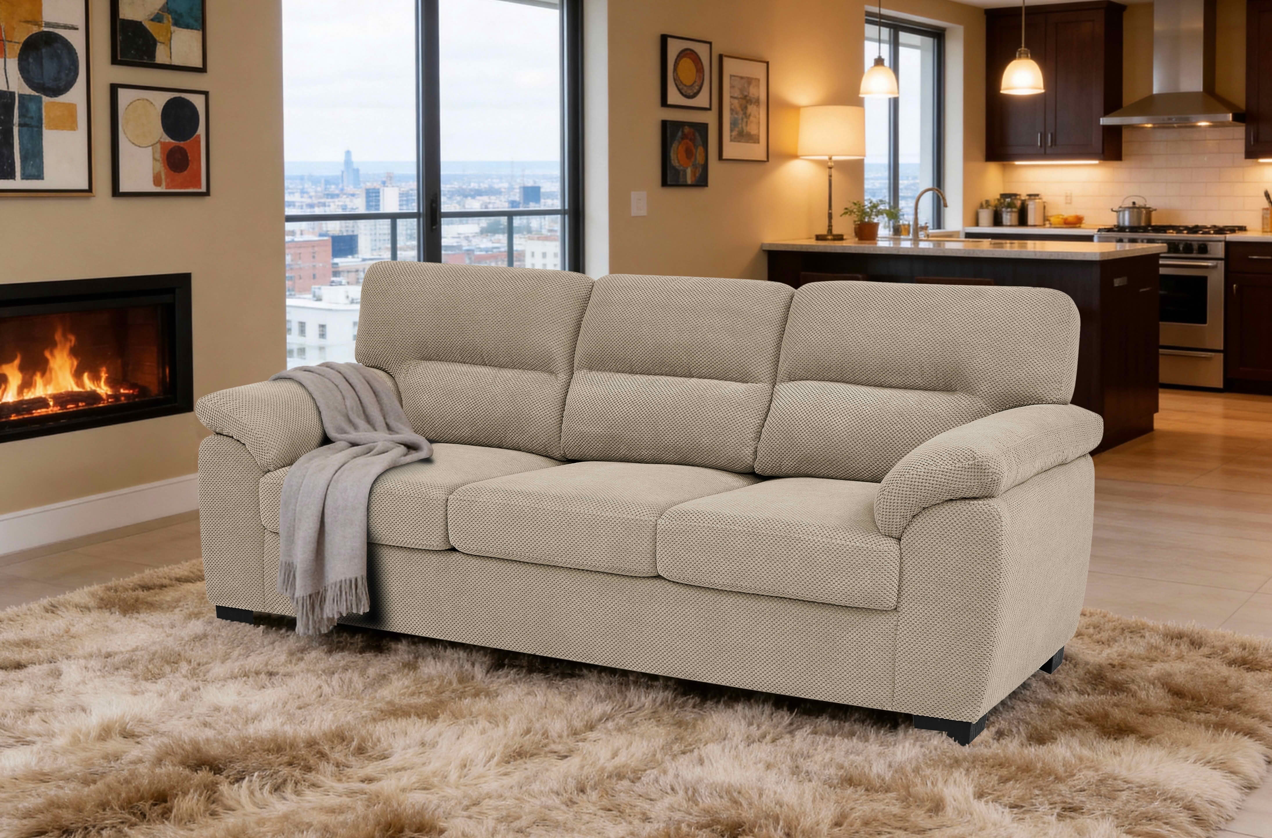 MAYEERTY 81 Inch 3‑Seater Sofa, Modern Textured Fabric Couch with Plush Track Arms & Solid Wood Frame for Living Room