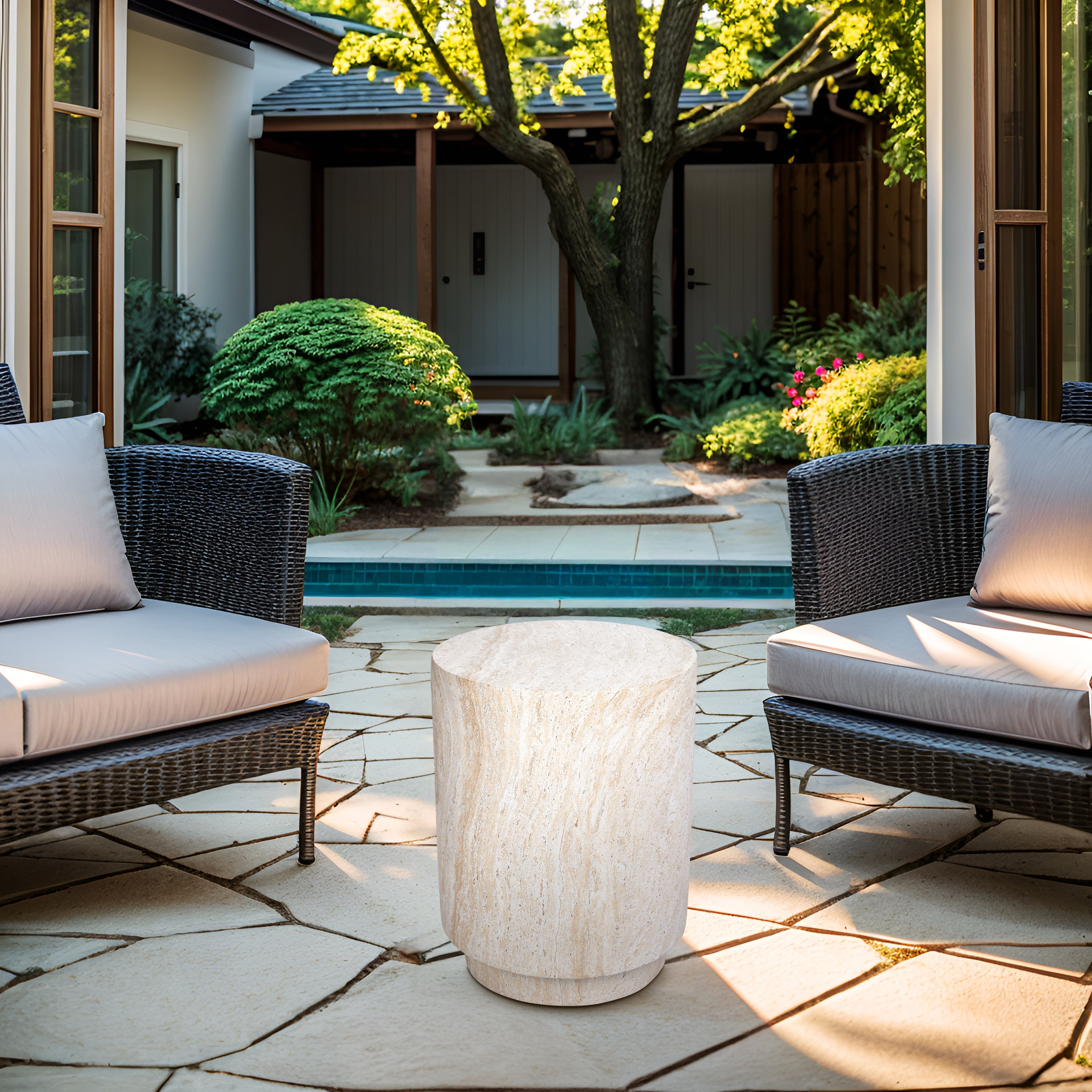 Cylinder Travertine Stone Finish Italian Design MgO Side Accent Table