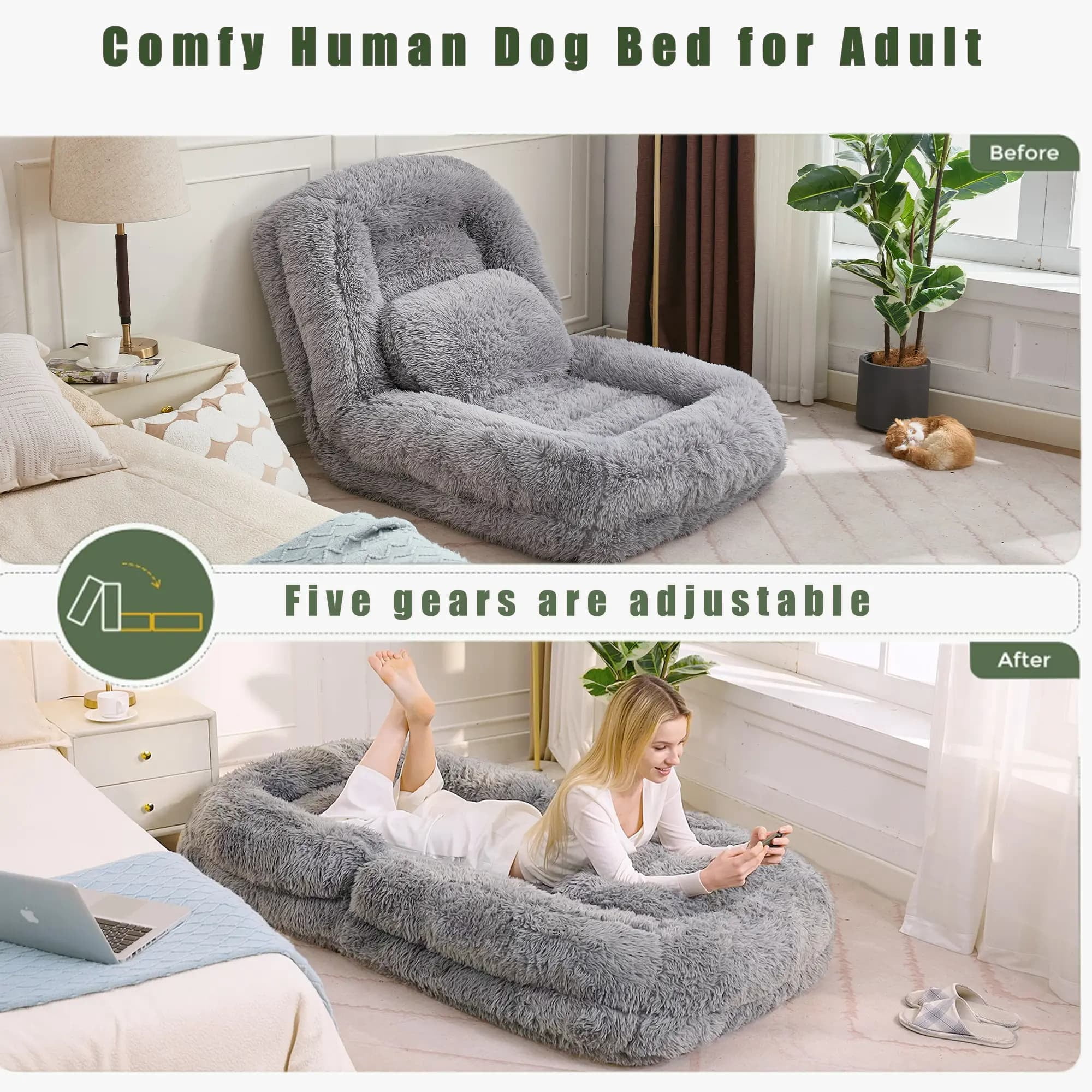 Aukfa Fold Lazy Sofa Bed, Floor Chair Small Couch with 5 Adjustable for Living Room, Plush Fabric,Gray