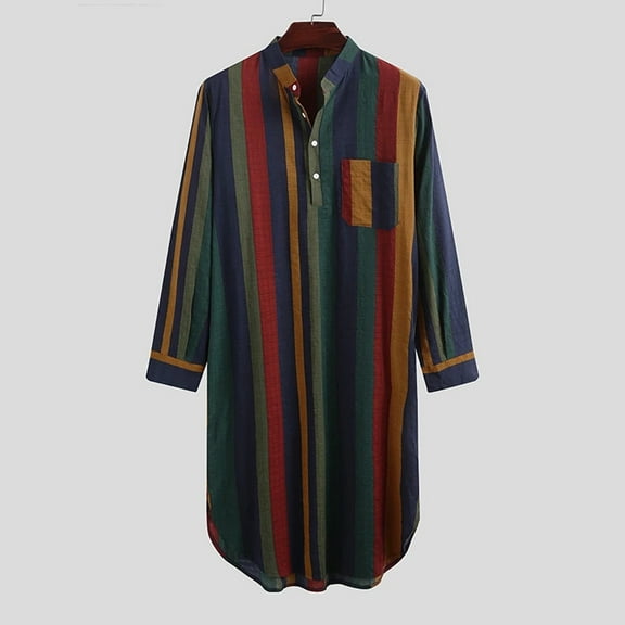 gbyLJF Men's Muslim Robe Long Sleeve Striped Nightgown Button V-Neck Kaftan Casual Comfy Long Gown Caftans for Men