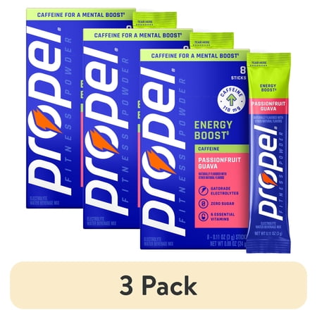 (3 pack) Propel Energy Boost Zero Sugar Passionfruit Guava, On the Go Packs, Electrolyte Powder Drink Mix, 0.11 oz, 8 Count packets
