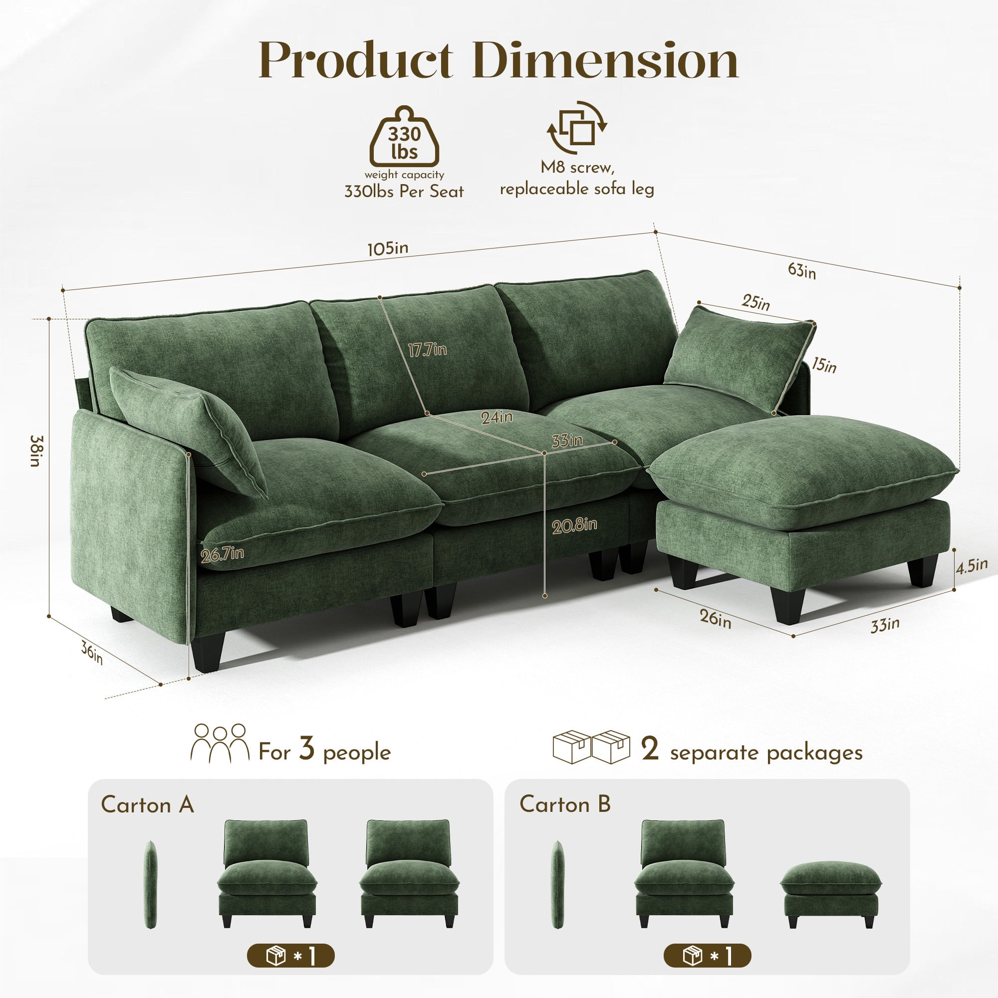 BedLuxury 105" Modular Sectional Sofa with Movable Ottoman, L-Shaped Deep Seat Cloud Couch for the Living Room, 3-Seat, Green