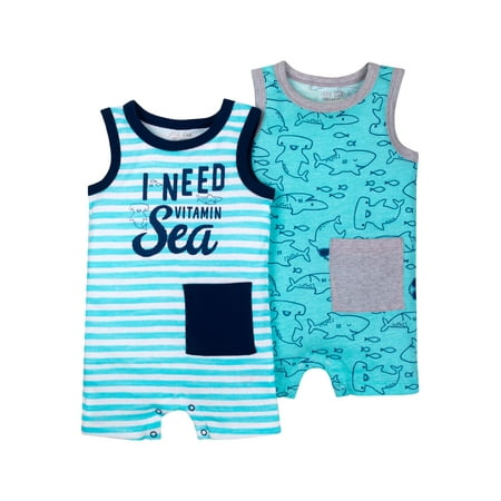 Little Star Organic Baby Boy 100% Organic Cotton Sleeveless One Piece Romper, 2-pack