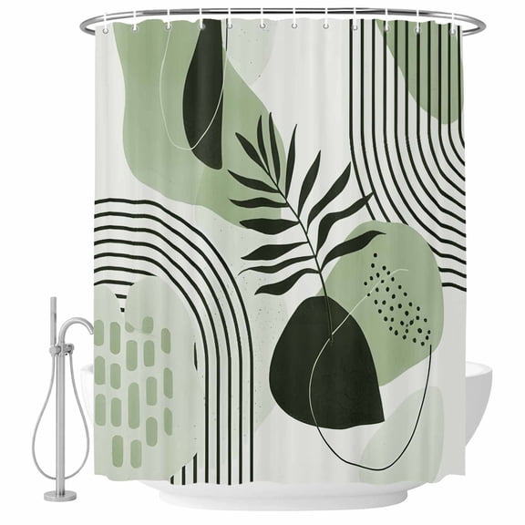 Sage Green Bohemian Bathroom Shower Curtains with Hooks, Abstract Geometric Black Lines Leaves Waterproof Fabric Washable Shower Curtain for Home Hotel Bathtub Decor 36x72 Inch