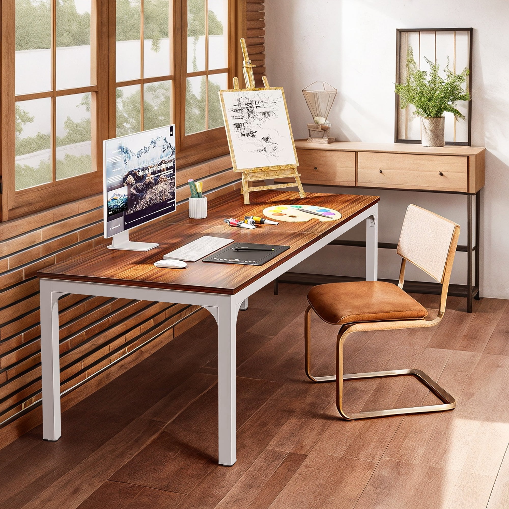 Demi Bonn 78" Farmhouse Dining Table, Wood Rustic Kitchen Table for 8 People, Large Rectangular Dinner Table for Dining Room, Home Office, Living Room Furniture, Brown & White