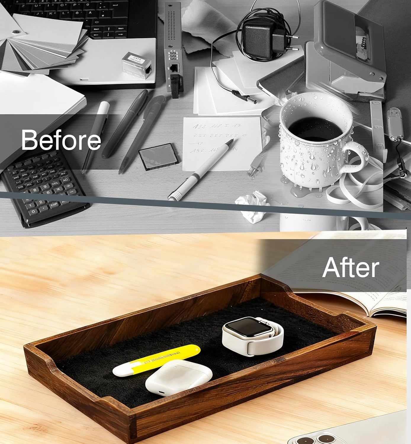 Desk Tray Organizer Drawer for Home Office, Desktop Accessories Walnut Desk Organizer Tray for Keys, Pen, Watch