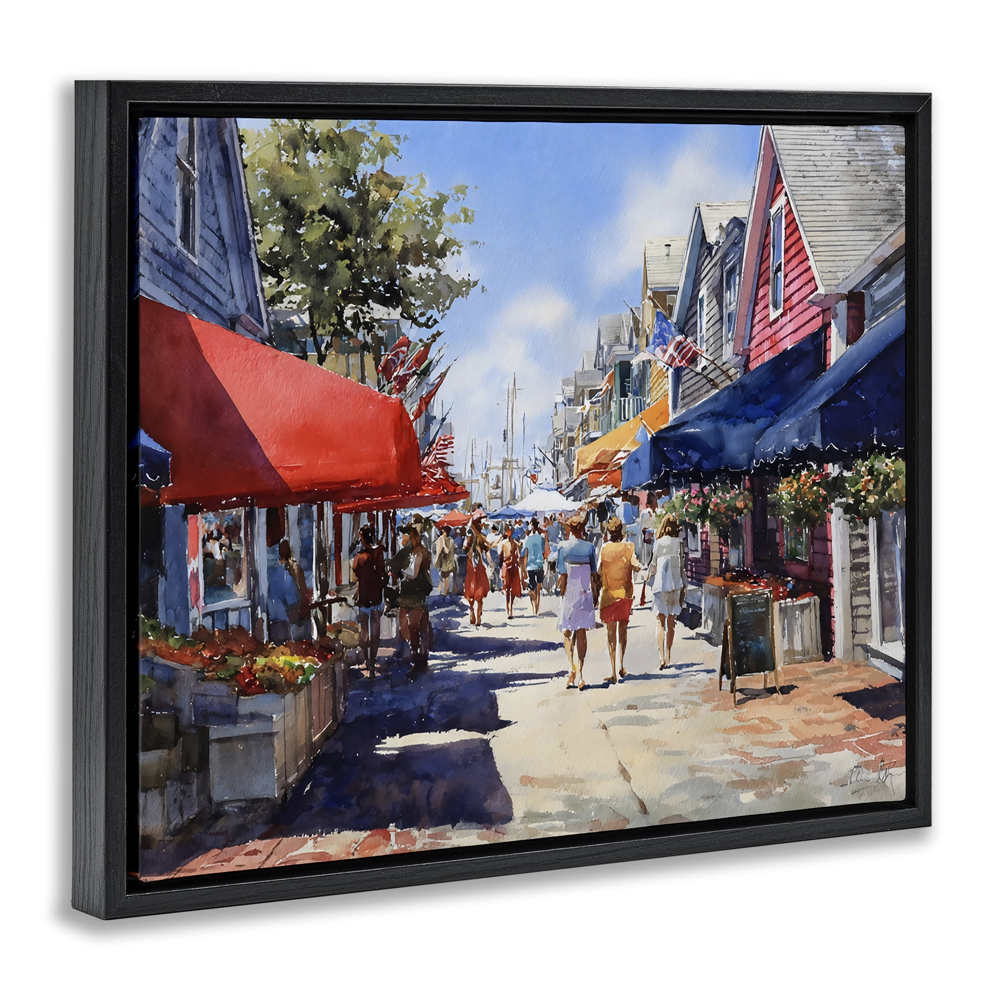 Stupell Industries American Coastal Town Stroll Black Framed Floater Canvas Wall Art, design by Franklyn Gregory