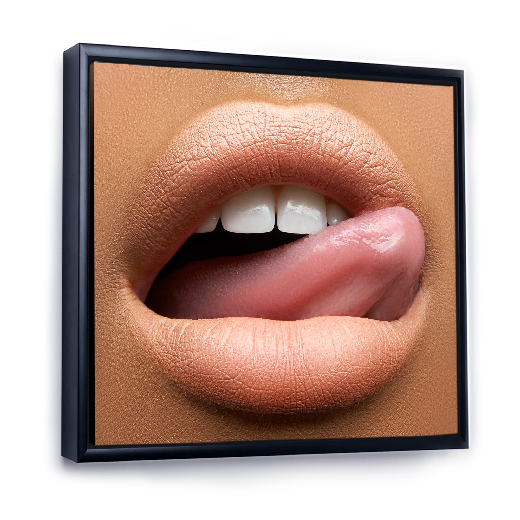 Designart 'Beautiful Dark Skinned Female Tongue Touching Lips' Modern Framed Canvas Wall Art Print
