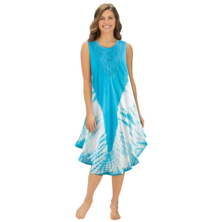 Silk Tie Dye Dress - Women's Woven Tie Dye Dress with Embroidery Scooped Neckline, Lightweight Beach Coverup, Medium/Large, Turquoise