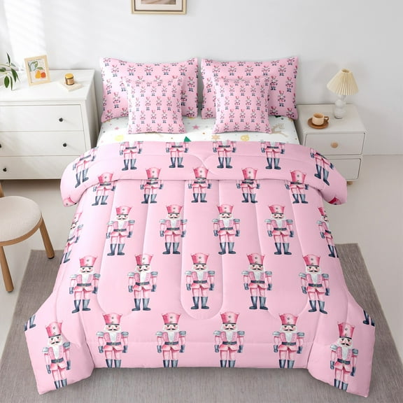 jejeloiu Merry Christmas Twin Bedding Sets 7-Piece,Nutcracker Soldier Bedding Comforter Set,Xmas Theme Sheet Sets For Child,Breathable Home Decor Reversible