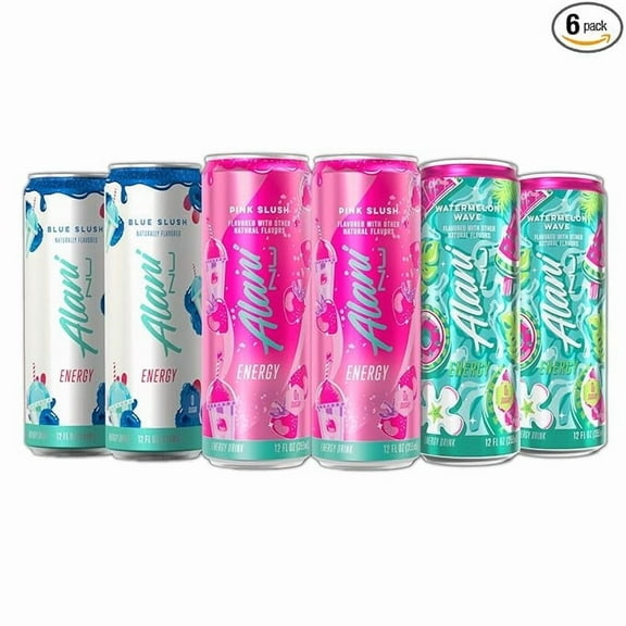 New Alani Energy Drinks Variety Pack - Blue Slush, Pink Slush, and Watermelon Wave, Sugar-Free & Low-Calorie (12 fl oz, Pack of 6)