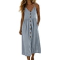 thumbnail image 3 of VBVC Women's Cotton-Linen Spaghetti Strap Midi Dress , Summer V-Neck Dresses For Women,Ladies' Button Front A-Line Dress with Pockets,Gray,S-2XL, 3 of 7