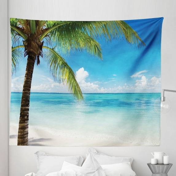 Ocean Tapestry, Exotic Beach Water and Palm Tree by the Shore Clear Sky Landscape Image, Fabric Wall Hanging Decor for Bedroom Living Room Dorm, 5 Sizes, Green Blue White, by Ambesonne